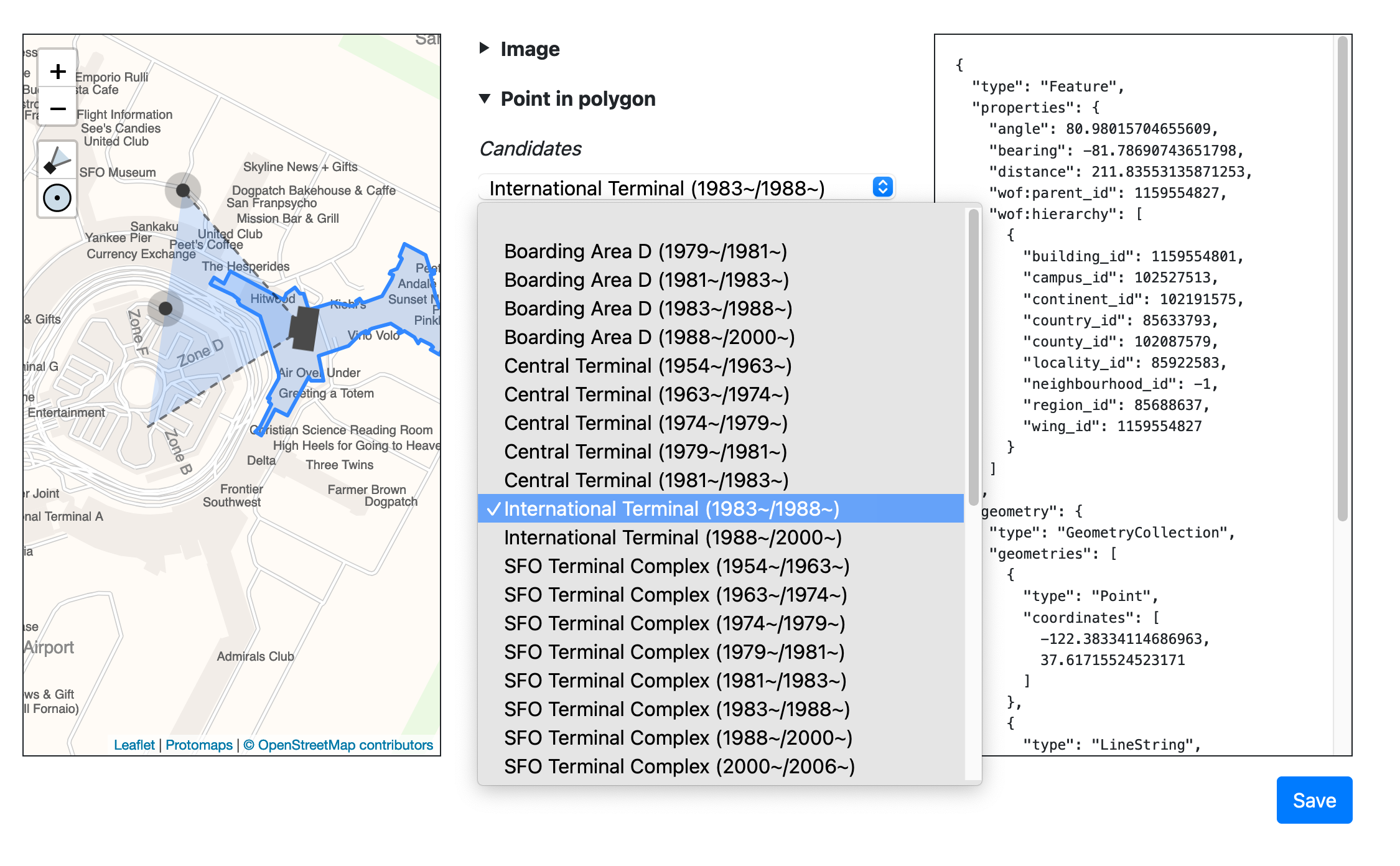Geotagging at SFO Museum: Protomaps, search and reverse-geocoding