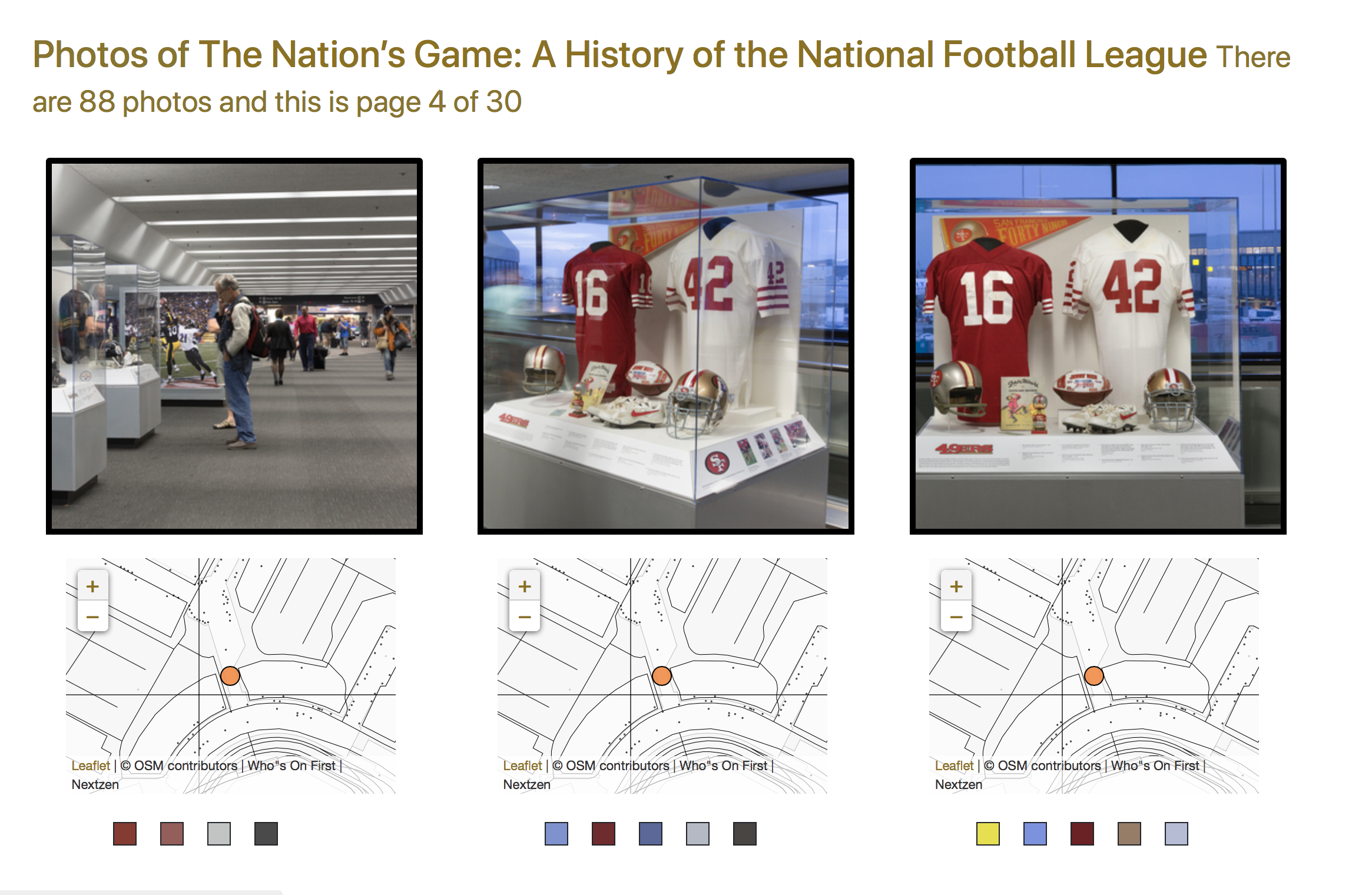 “Smart” cropped thumbnails and color palettes of installation photos from the The Nation’s Game: The NFL from the Pro Football Hall of Fame exhibition