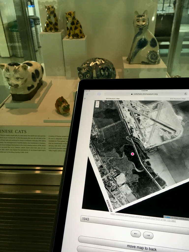 Photo of the Caticons: The Cat in Art exhibition and aerial imagery of SFO circa 1943
