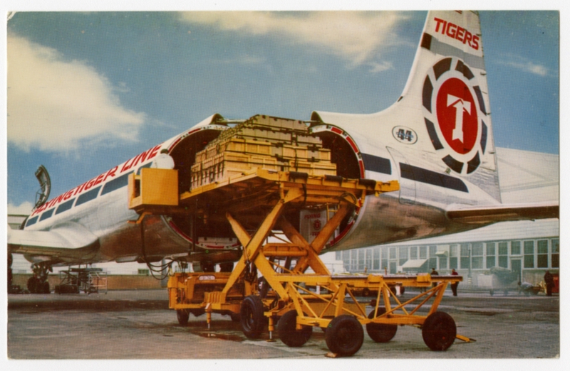 Postcard: Flying Tiger Line, Canadair CL-44D. Paper, ink. Gift of Thomas G. Dragges, SFO Museum Collection.