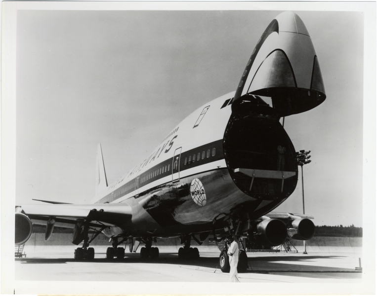 Photograph: World Airways, Boeing 747-200F freighter nose-loader. Photograph. Gift of the William Hough Collection, SFO Museum Collection.